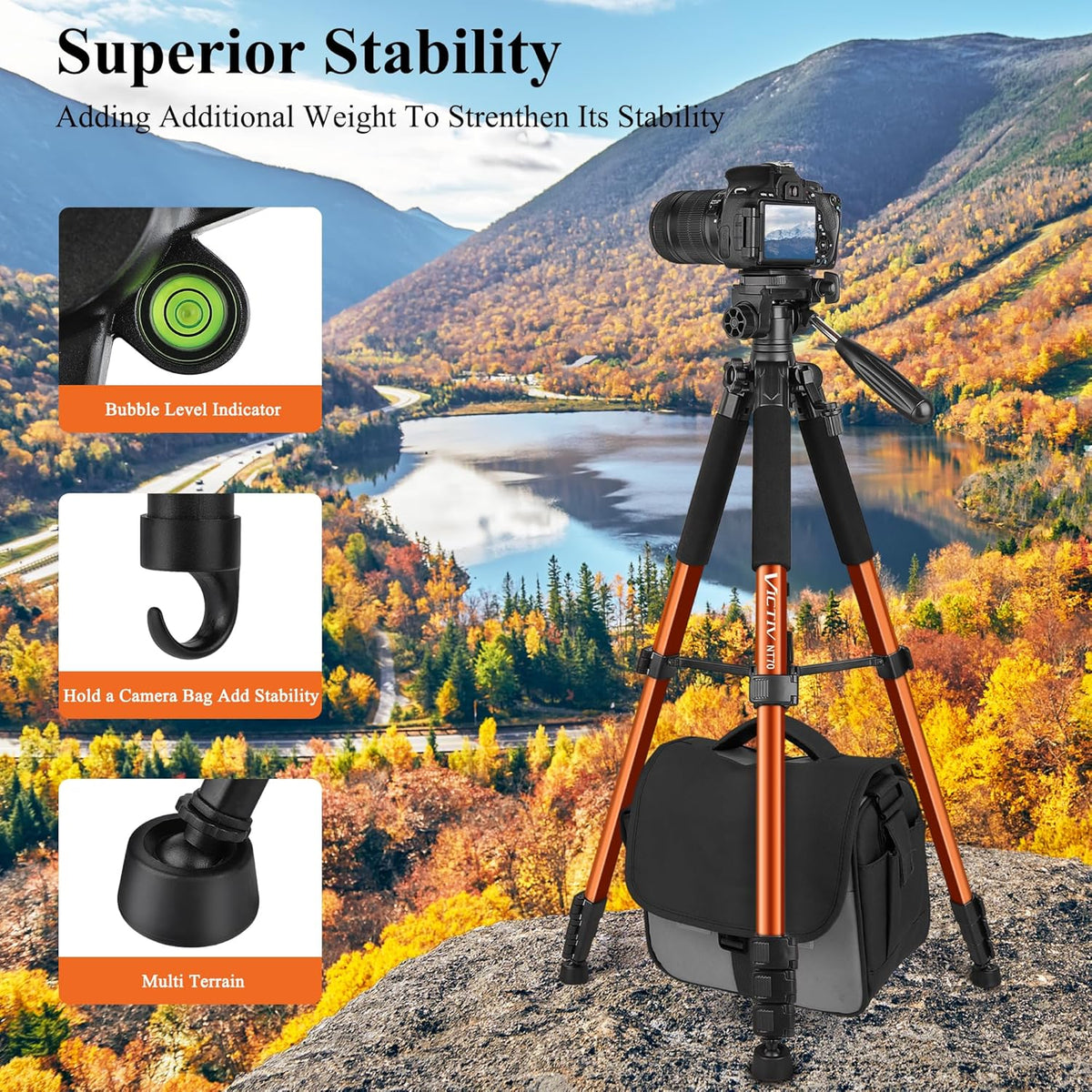 Victiv Tripod 74-Camera-Tripod for Cell Phone, Aluminum Professional Heavy Duty Camera Tripod Stand, Tripod for Camera DSLR SLR with Carry Bag, Compatible with Canon Nikon iPhone