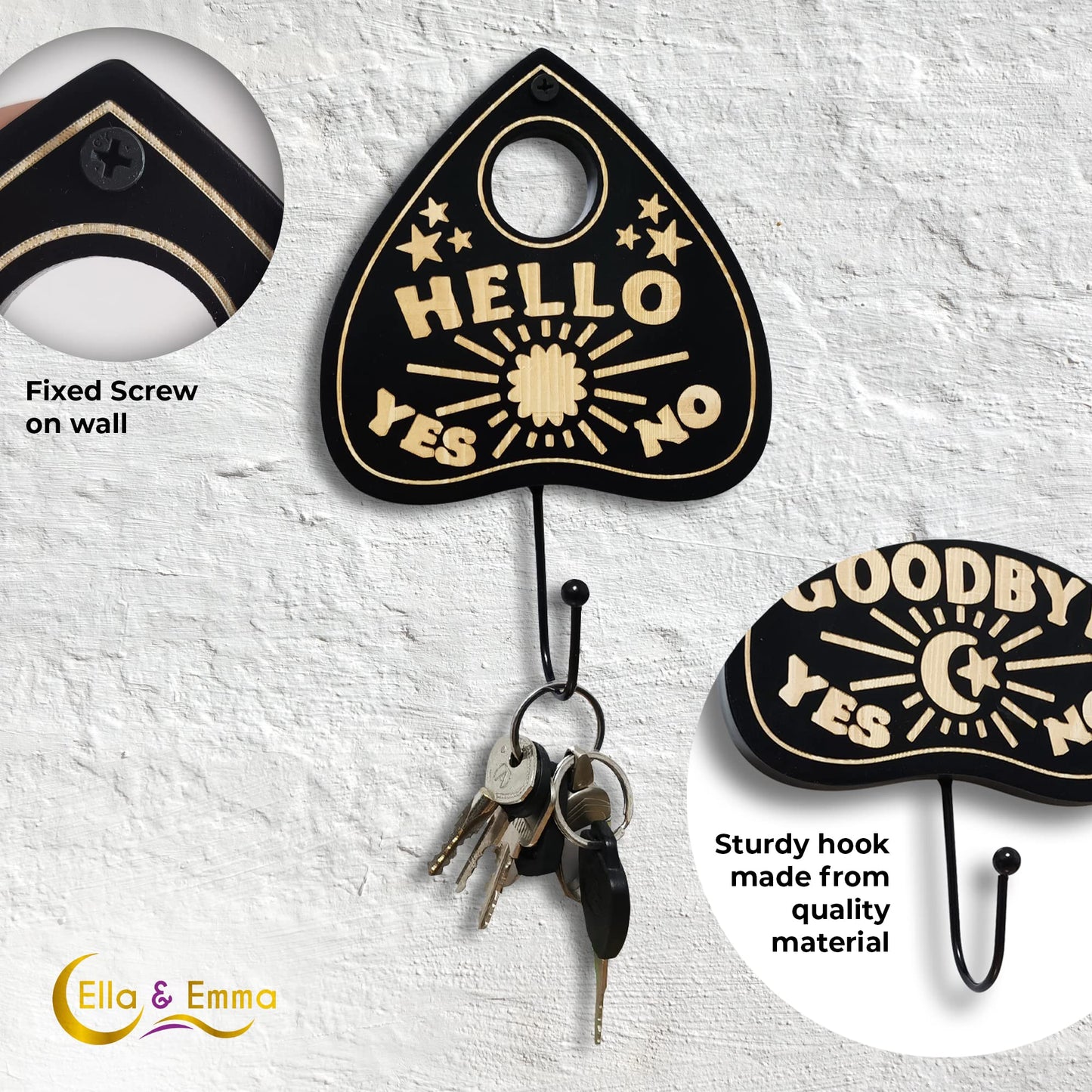 Ella & Emma Wall Mounted Coffin-Shaped Key Holder - Planchette/Hamsa Hand Key Holder, Gothic Home Decor Wall Hanger with Hook -Spooky Halloween Decor for Home - 2 Pieces (Planchette)