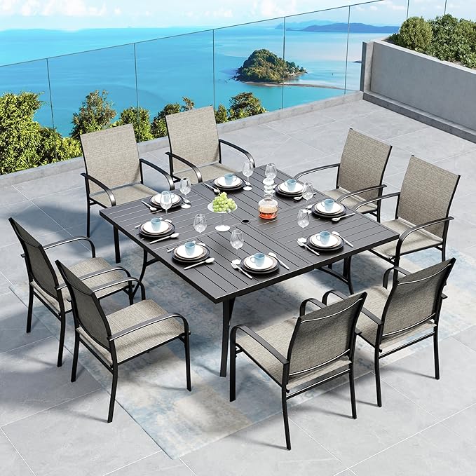 Patio Dining Set for 8, 60" x 60" Square Metal Table with Umbrella Hole, 8 x Stable Brown Dining Chairs, Outdoor Table and Chairs Set for Lawn Backyard and Deck