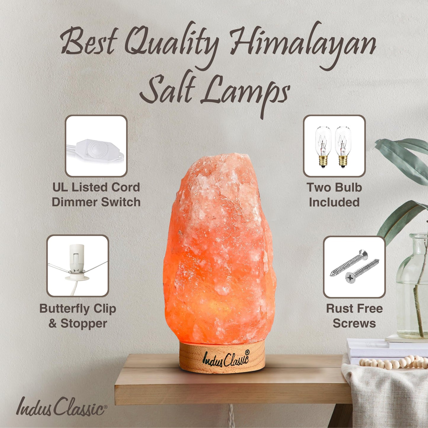 IndusClassic LN-02 Himalayan Pink Crystal Rock Salt Lamp 4~7 lbs with Dimmer Control Switch, Quality Gift Packaging