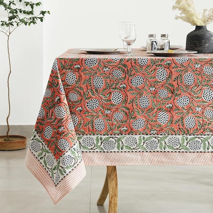 Labhanshi Indian Handblock Print Pre-Washed Cotton Floral 60x90 Inch Rectangle 6-Seater Tablecloth|Rustic Farmhouse Decorative Party Event Wedding Spring Easter Festive Holiday Decor|Dark Salmon Pink