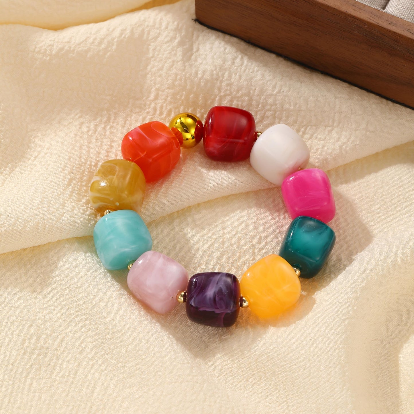 chorfla Boho Beaded Bracelet for Women,Colorful Rainbow Chunky Resin Elastic Bracelet, Handmade Style Summer Jewelry Gift