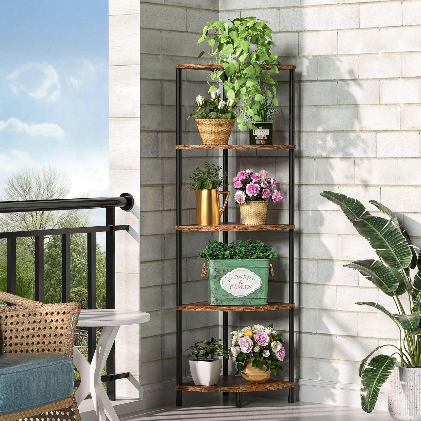 Greatseas Corner Plant Stand Shelf, 5 Tier Tall Shelf Plant Stand for Indoor Plants, Rustic Brown Corner Bookshelf Wall Decor Living Room, 44.1" Display Shelf for Bedroom, Bathroom, Small Space