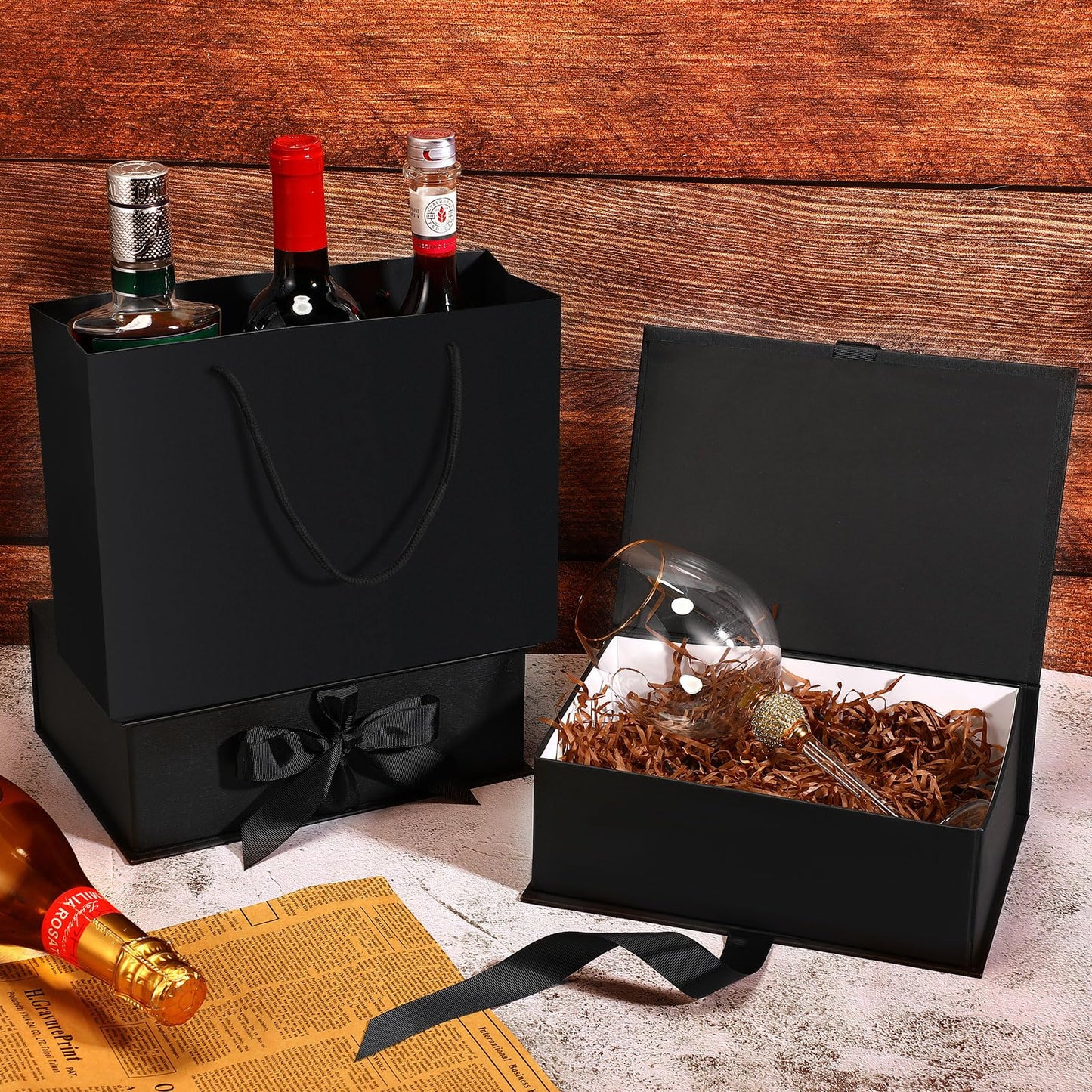 Jetec 10 Set 9.8 x 7 x 3.3 Inch Luxury Gift Boxes with Lids and Ribbon Paper Bags,collapsible Present Box for Birthday Wedding Proposal Valentines Day(Black)