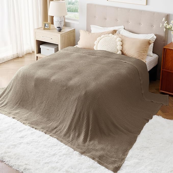 Bedsure 100% Cotton Large Blanket Oversized King for Bed - Breathable Waffle Weave Blanket for Summer Spring, Couch Cover, Tan, 120x94 inches