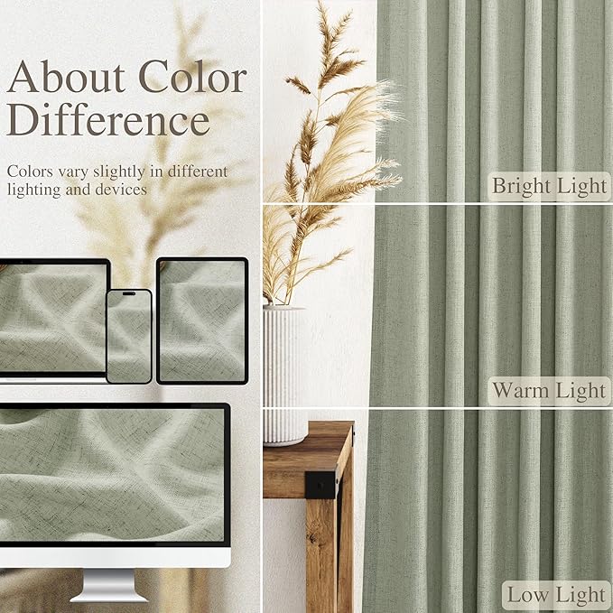 Nanspring Extra Wide Linen Curtains for Living Room 108 Inch Length for Room Divider Sage Green Rustic Farmhouse Drape Rod Pocket Back Tab Light Filtering Bedroom Window Curtain for Sliding Door