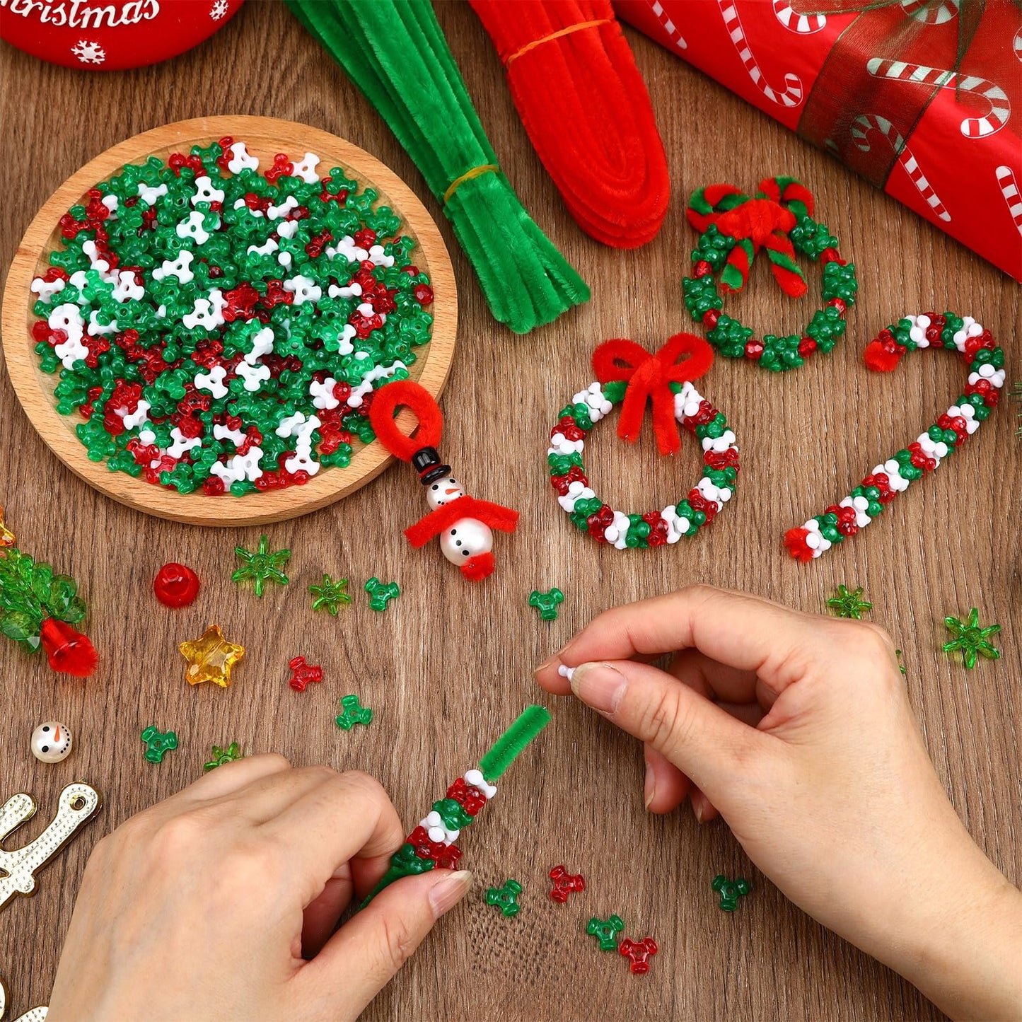 UPINS Christmas Beaded Ornament Kit, 52 Set Christmas Beaded Crafts Ornament Kit Tree Snowman Candy Cane Wreath Make Accessories for Hanging Wreath Cane Jewelry Making