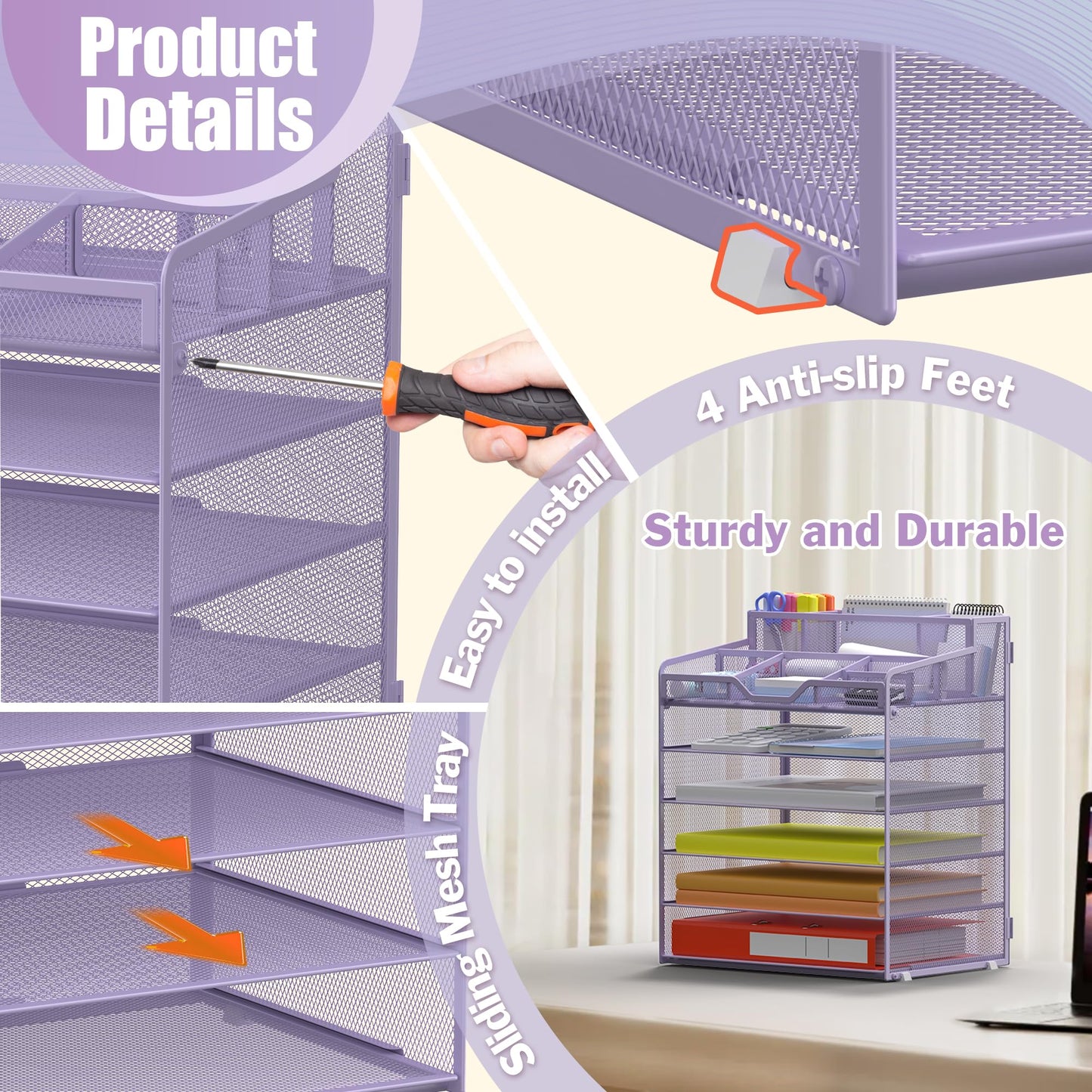 Docnest 6 Tier Mesh Desk Organizer for Paper Office Supplies – Multi-Functional Letter Tray with 5 Adjustable Compartments, 5 Pen Holders, Desktop Storage for Files, Mail, Stationery – Purple