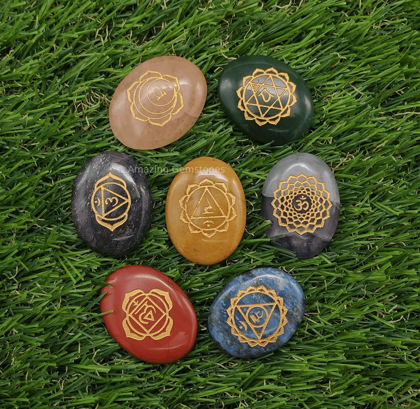 Amazing Gemstone 7 Chakra Oval Set Reiki Healing Crystal with Engraved Chakra OM Symbols Holistic Balancing Polished Palm Stones Set with Velvet Pouch