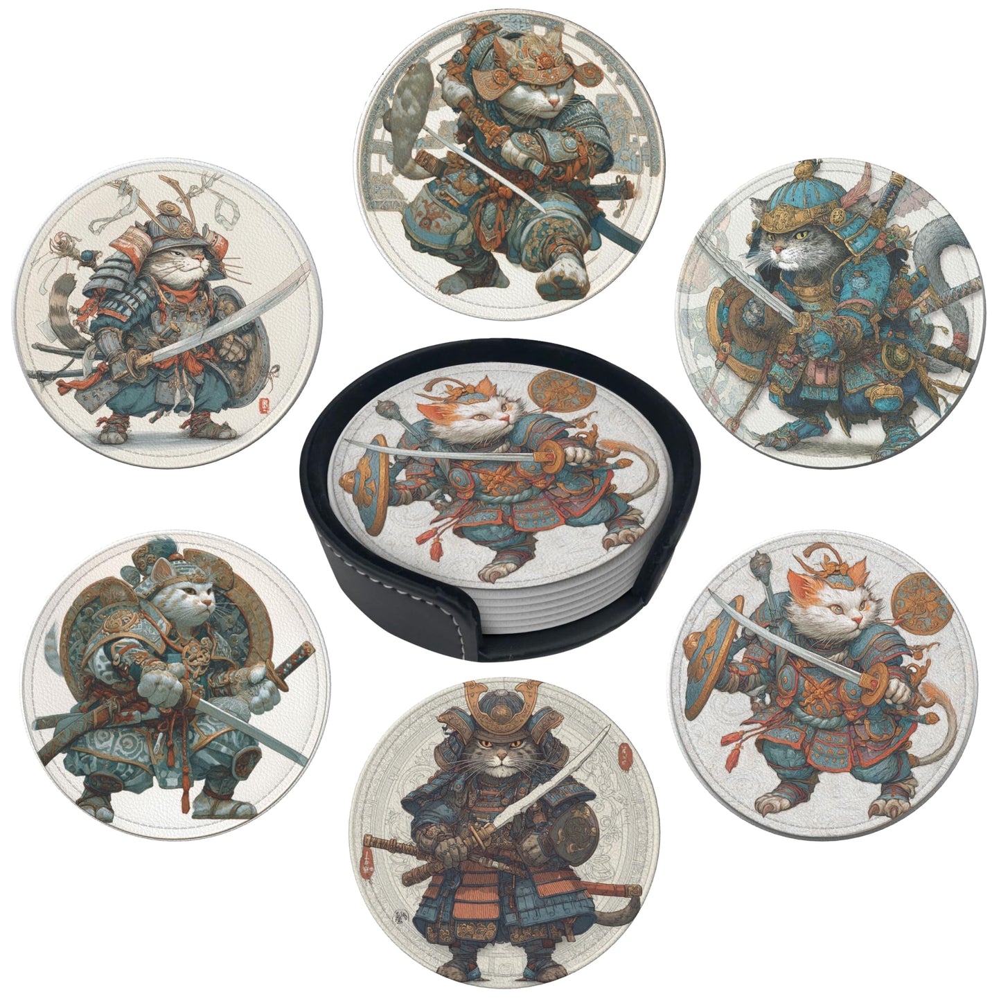 Japanese Cat Coasters Leather Round Drink Coasters 6 Pcs Set with Holderor for Cup Drink Coffee Table Bar Home Decor