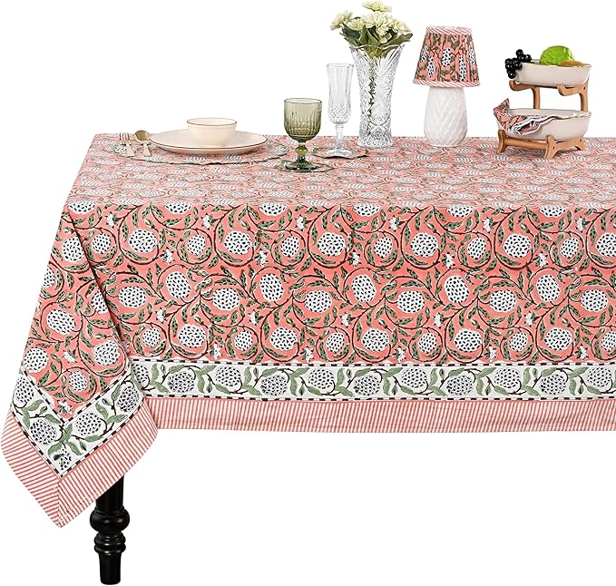 Ridhi Hand Block Print Dark Salmon Pink Rectangle Cotton Tablecloth 190" x 72" Reusable Table Cover Decorative Everyday Use for Dining, Farmhouse, Home Gift for Spring, Easter, Valentine