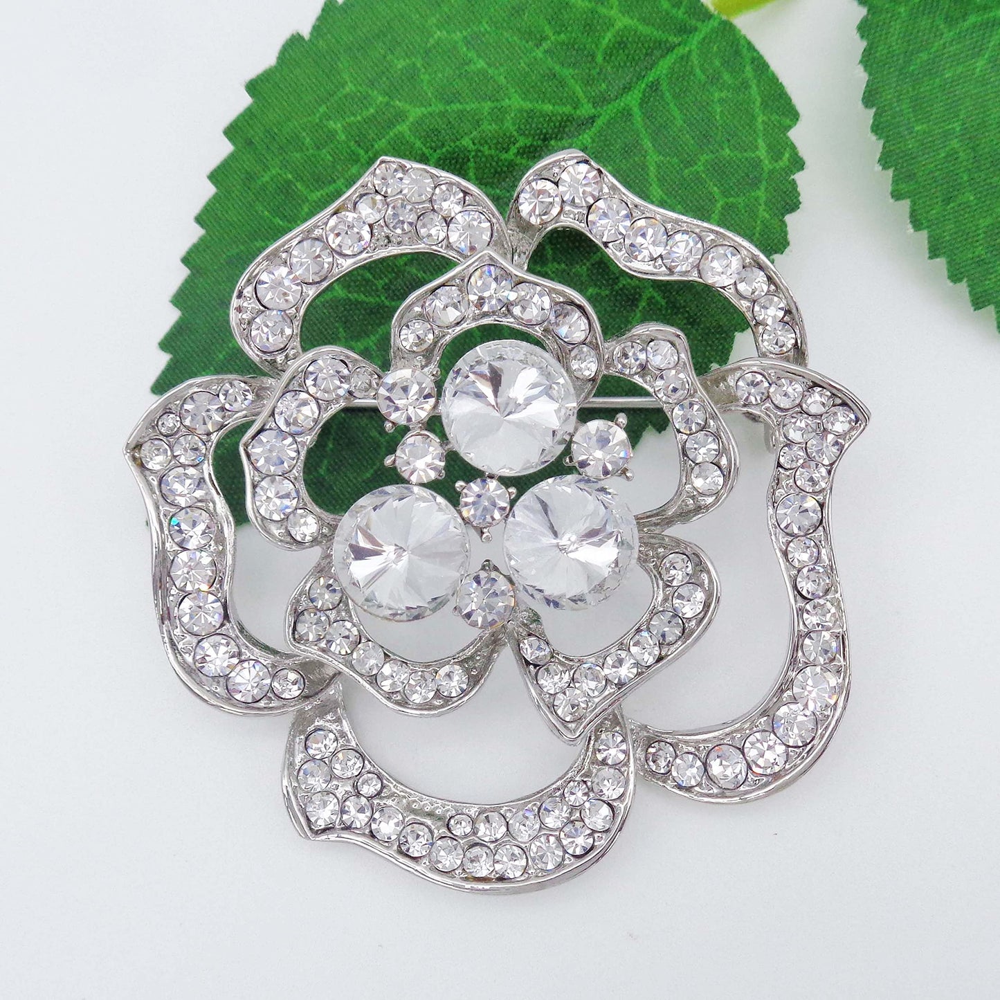 Navachi 18k White Gold Plated Clear Crystal Blooming Rose Flower Az7440b Brooch pins