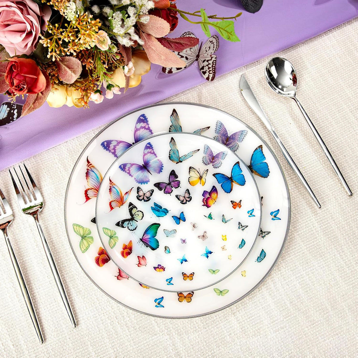 LIYH 60 Pcs Butterfly Plates Disposable Heavy Duty Fancy White Plastic Plates for Party Plate for Garden Party Birthday Wedding Butterfly Decor Include 30 10.25" Dinner & 30 7.5" Dessert Plate