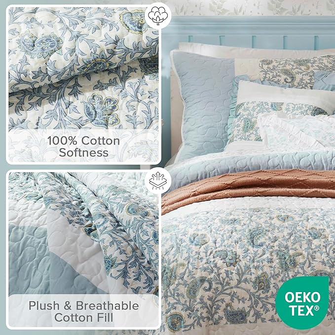 Madison Park 100% Cotton Quilt Set Floral Print, Double Sided Stitching, All Season, Lightweight Coverlet Shabby Chic Bedding Layer, Matching Shams, King/Cal King, Light Teal 6 Piece , Aqua