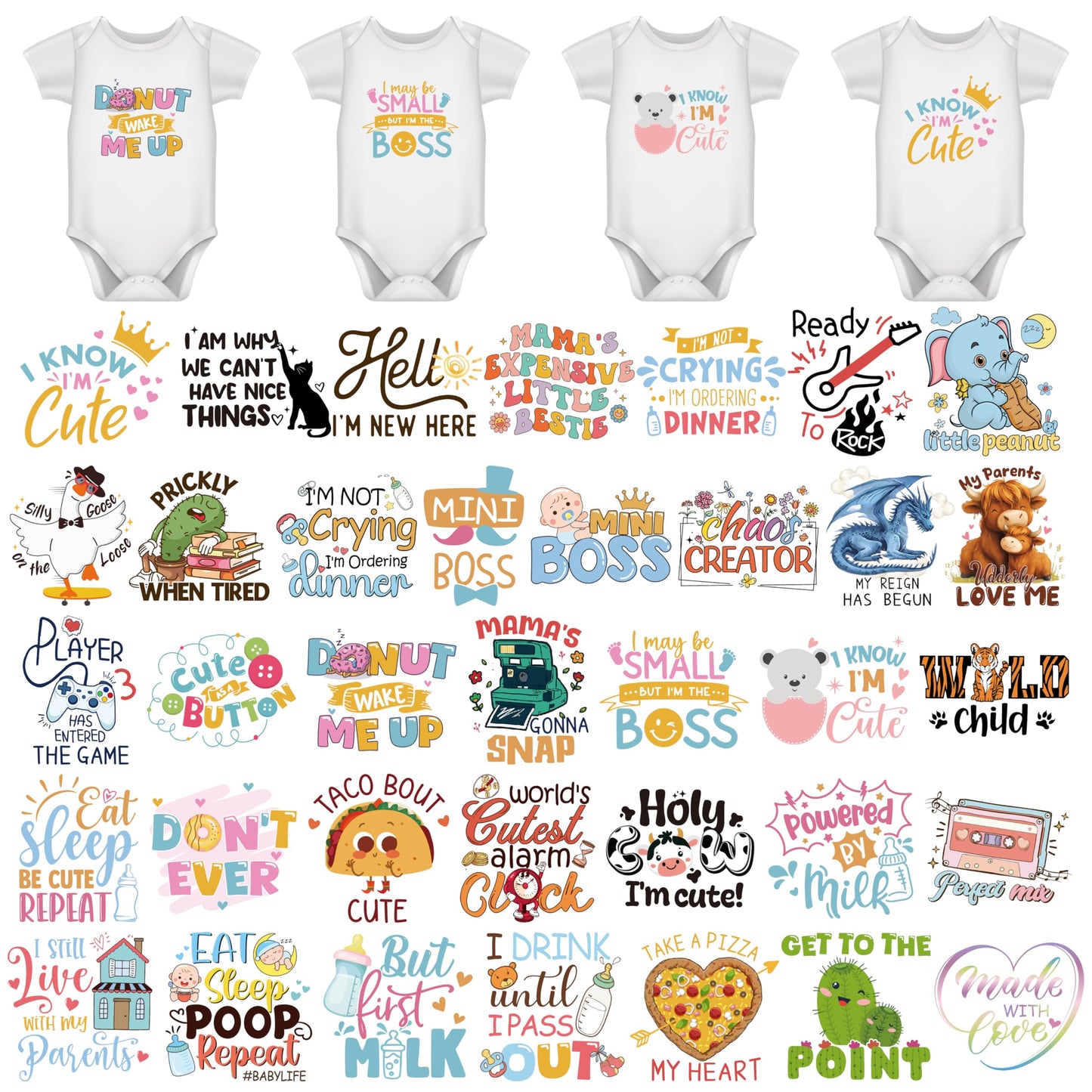 HiTransfer Iron on Decals for Clothing, 36 Sheets, Baby Shower Games Heat Transfer Stickers, Cute Animal Theme, Gender Reveal Patch for Bibs and Bodysuit DIY Crafts (Cute Animals - 36PCS)