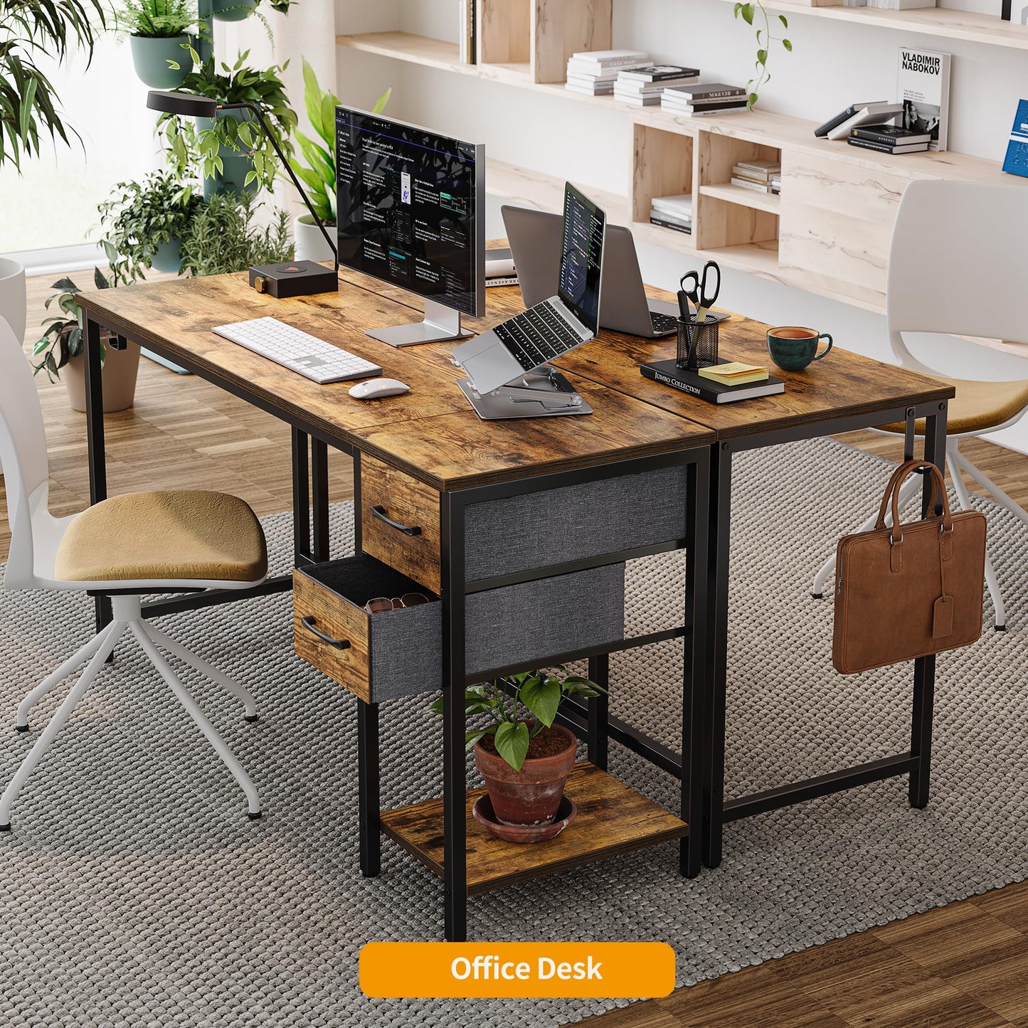 CubiCubi Computer Desk with 2 Drawers, 47 Inch Small Home Office Desk with Storage Study Writing Table, Light Brown