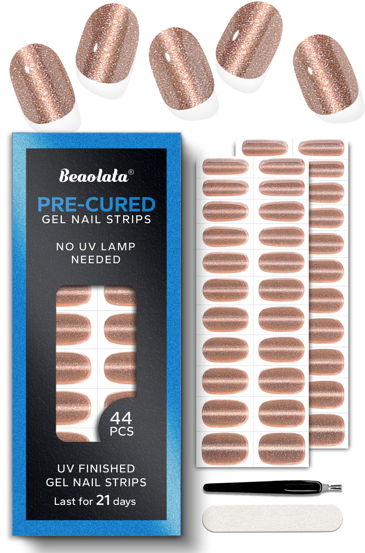 Beaolata Real Gel Nail Strips (No UV Light Needed) - 44Pcs Salon Quality Nail Stickers - Long Lasting Polish Wraps for Women, Easy Apply & Remove (Pink Gold Shimmer)