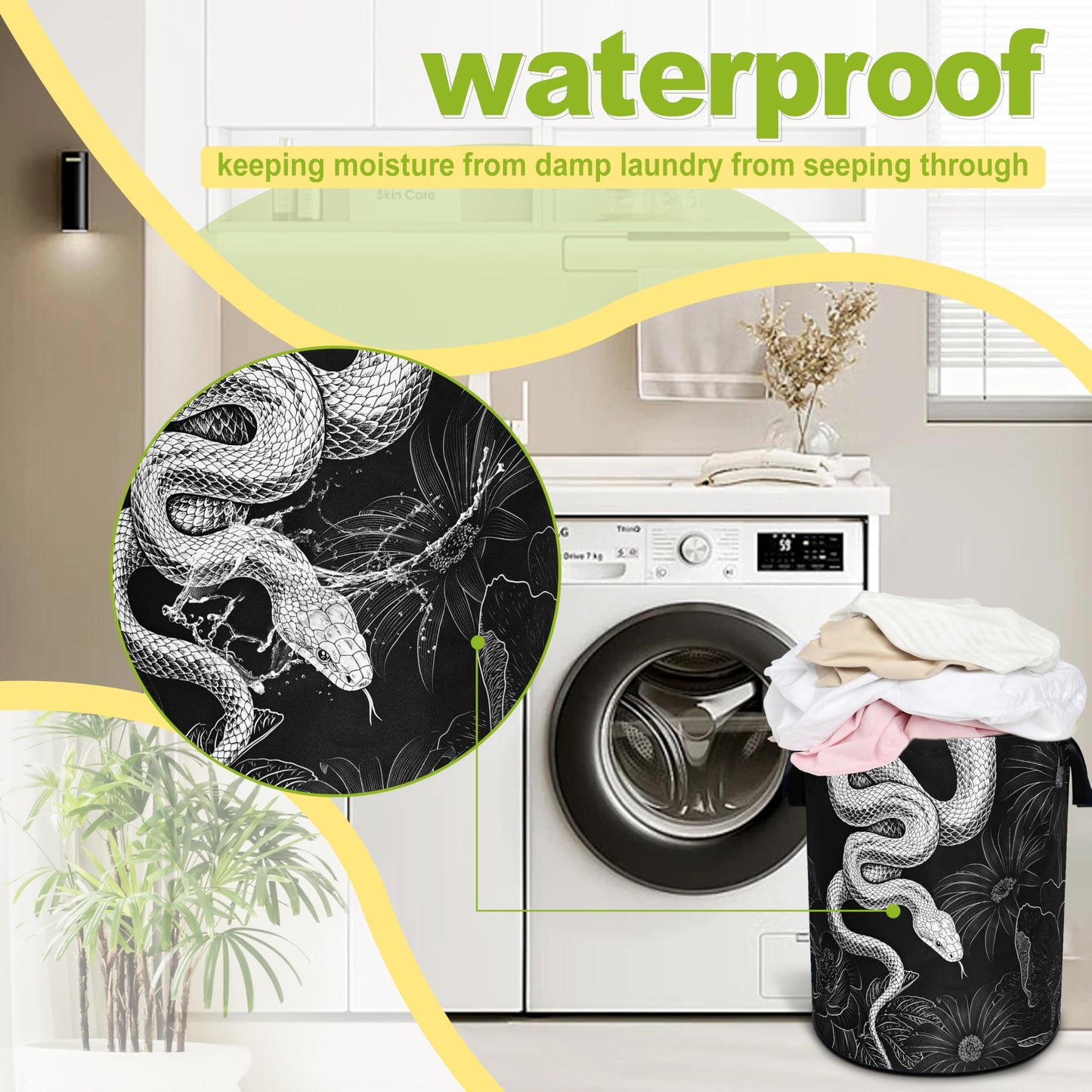 Snake Laundry Basket Floral Prints Funny Foldable Waterproof Oxford Cloth Tote Bag Laundry Hamper Round Large Clothes Storage Bucket Toy Organizer For Bathroom/Laundry Storage/Bedroom 18.9x16.5 Inch