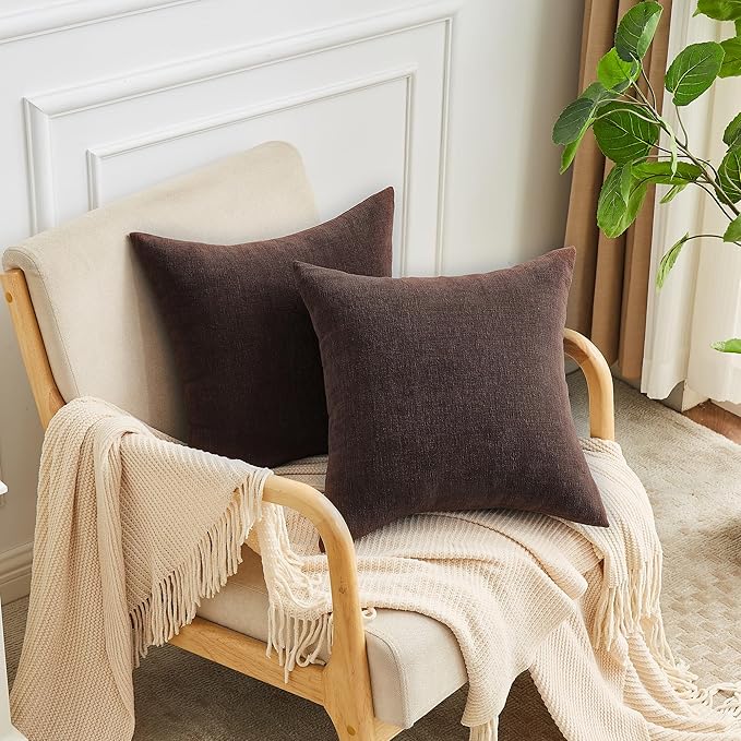 GAWAMAY Decorative Chenille Throw Pillow Covers 26x26 Inch Pack of 2, Soft Square Couch Pillow Cover for Sofa Cushion Living Room Bedroom Solid Dyed Oversized Pillowcases Coffee 66x66cm (ONLY Covers)