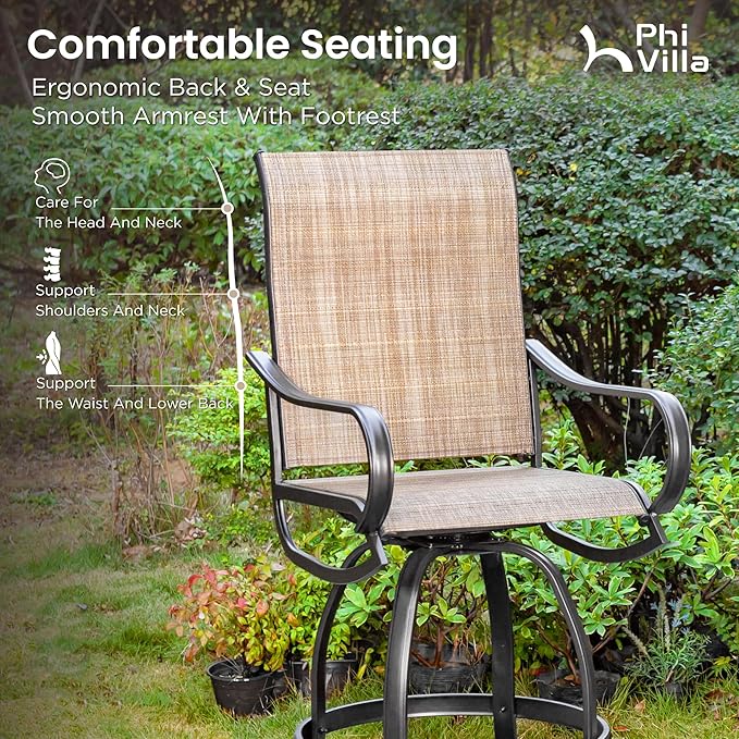 PHI Villa 5PCS Patio Bar Set, Metal Bar Height Table and 4 Outdoor Swivel Bar Chairs with Textilene Fabric and Thickened Black Metal Frame,High Patio Furniture for Garden,Yard