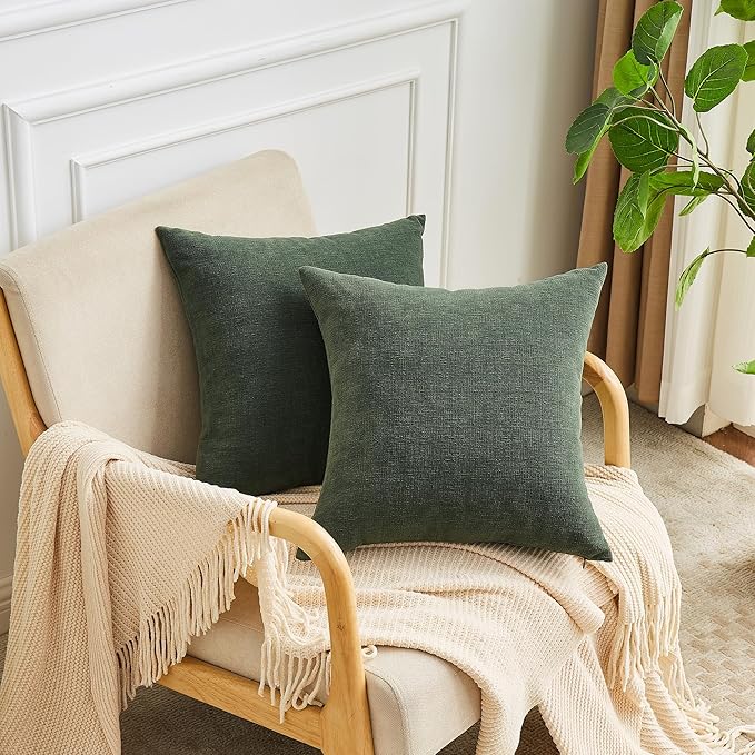 GAWAMAY Decorative Square Throw Pillow Covers 22"x22" Inch Set of 2, Super Soft Chenille Pillows Farmhouse Pillowcase for Living Room Bedroom Sofa Couch Cushion Cover Dark Green 55x55cm (No Insert)