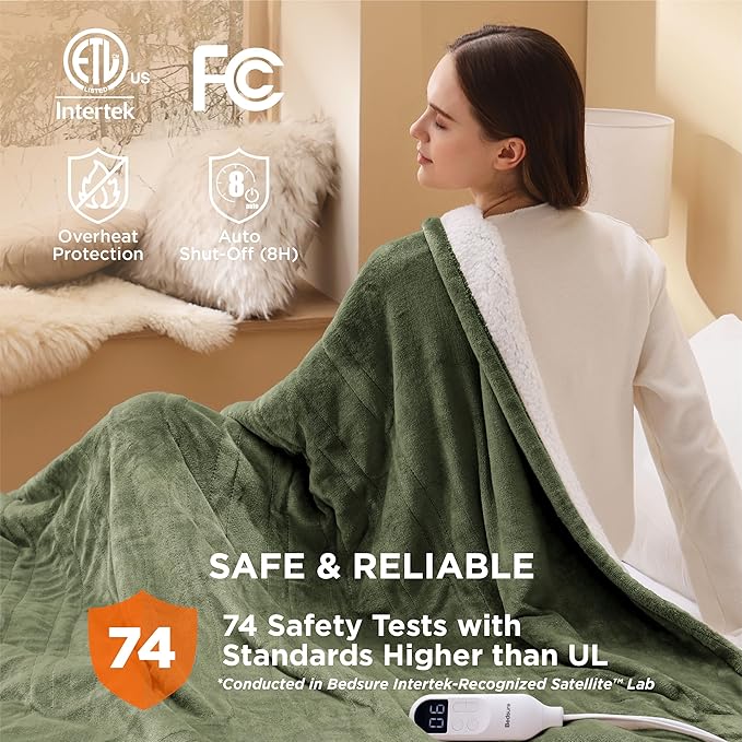 Bedsure Electric Blanket Full Size - Soft Flannel Heated Blanket, Fast Heating with 10 Time Settings & 6 Heat Settings, Warm Gift for Grandma (72x84 inches, Olive Green)