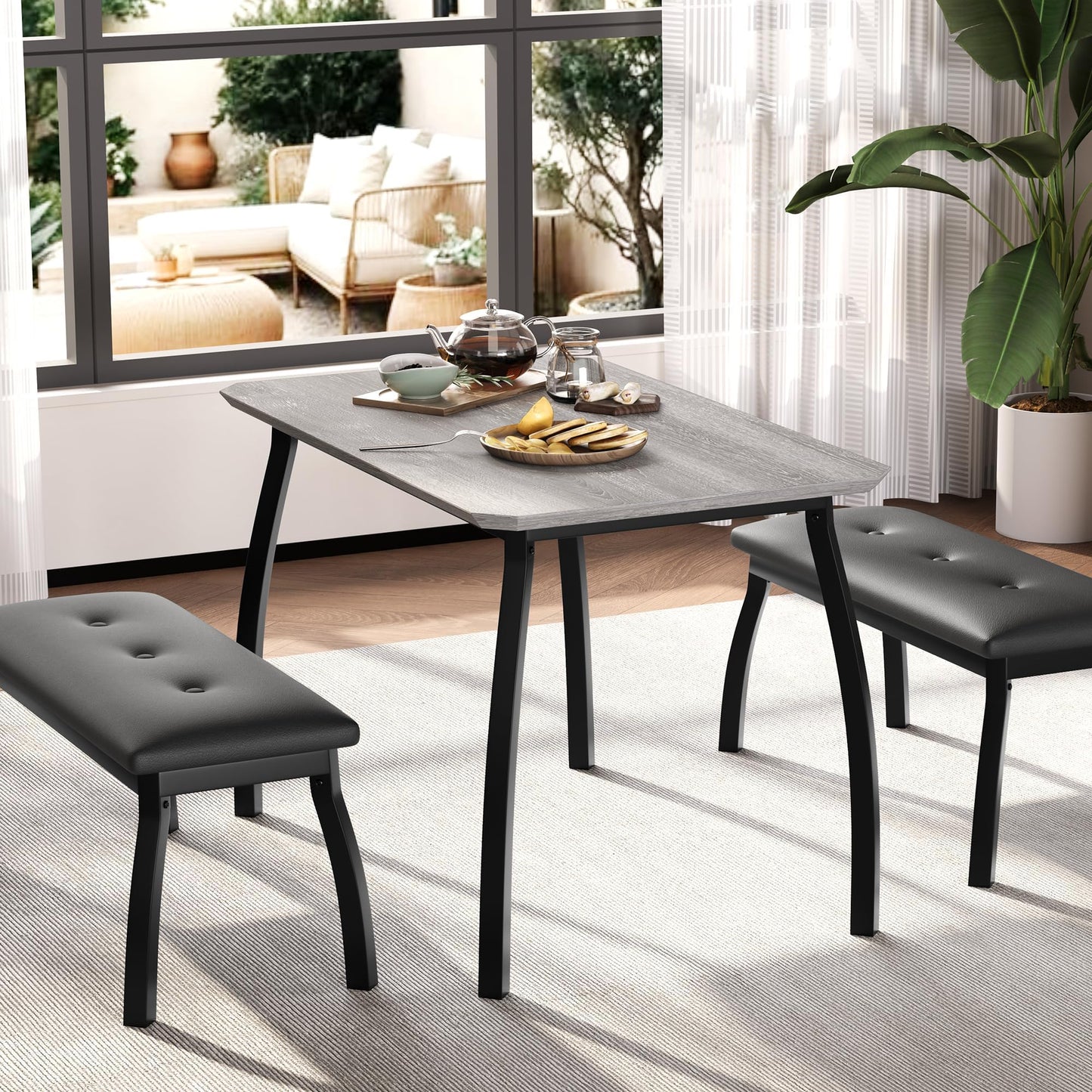 Dining Table for 4, 3-Piece Kitchen Table Set for 4 with Wooden Tabletop and Metal Frame, Industrial Kitchen Table with 2 PU Leather Benches for Bar, Dining Room, Restaurant(43''x28''x30''), Gray