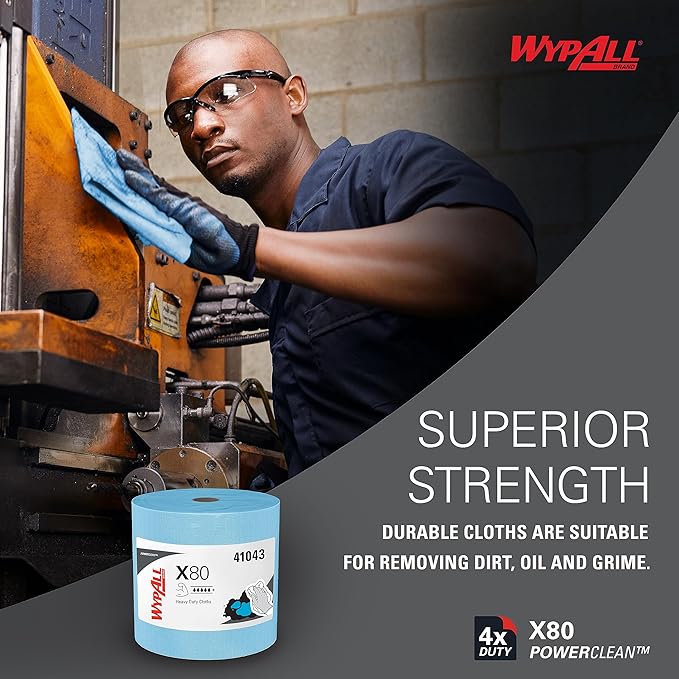 WypAll PowerClean X80 Cloths Heavy Duty Wipes (41043), Jumbo, Extended Use Towels, Blue (1 Roll of 475 Sheets, 475 Sheet Total)