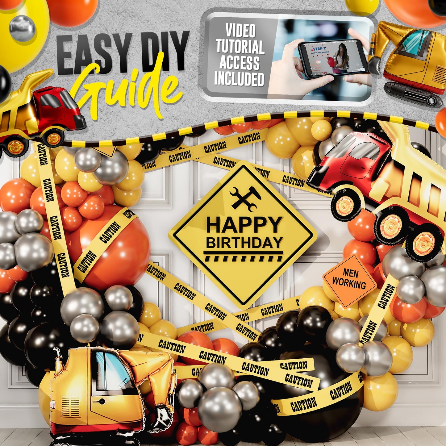 ALL-IN-1 Construction Balloon Arch Kit with BONUS Caution Tape & Truck Balloons - Construction Balloons for Excavator Birthday Decorations - Construction Birthday Party Supplies & Decorations