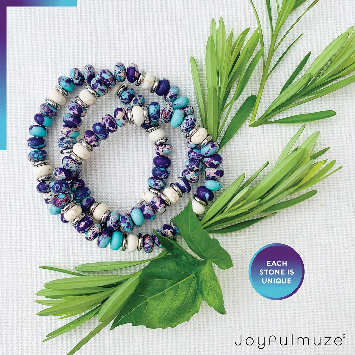 Joyfulmuze Purple and Blue Beaded Bracelets For Women, Emperor Turquoise and White Lava Marble Stone, Handmade Stretchable Multi Color Unisex Gift (Purple-Emperor+White-Marble-Lava)