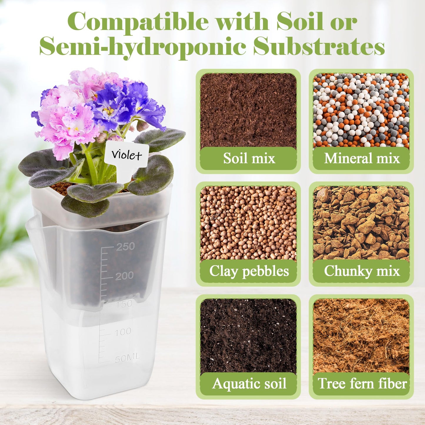 Anglekai 5P 2.5" Mini Self Watering Pots, Small Self Watering Plastic Planter for Indoor Plants for Bare Root Plants, with Inner Pot/ 3 Shovels/ 10 Labels (5)