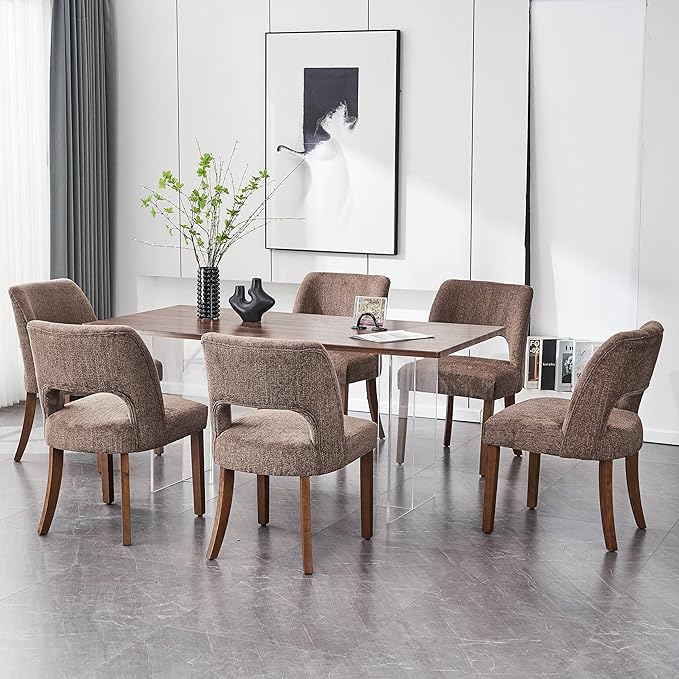 VKNOW Wooden Dining Chairs Set of 6, Modern Fabric Upholstered Dining Room Chair Kitchen Chairs, Farmhouse Dinner Chair for Kitchen Dining Room, Brown