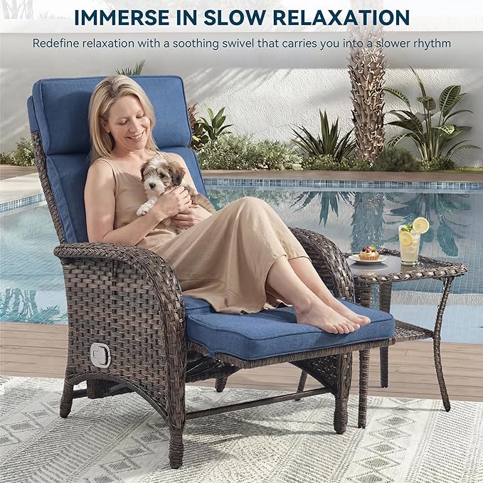 3 Pieces Zero Gravity Wicker Patio Recliner Chairs Set of 2 - Wicker Outdoor Lounge Chair with Side Table, Adjustable Backrest & Footrest, High Back Outdoor Recliner Chair for Pool Deck Blue