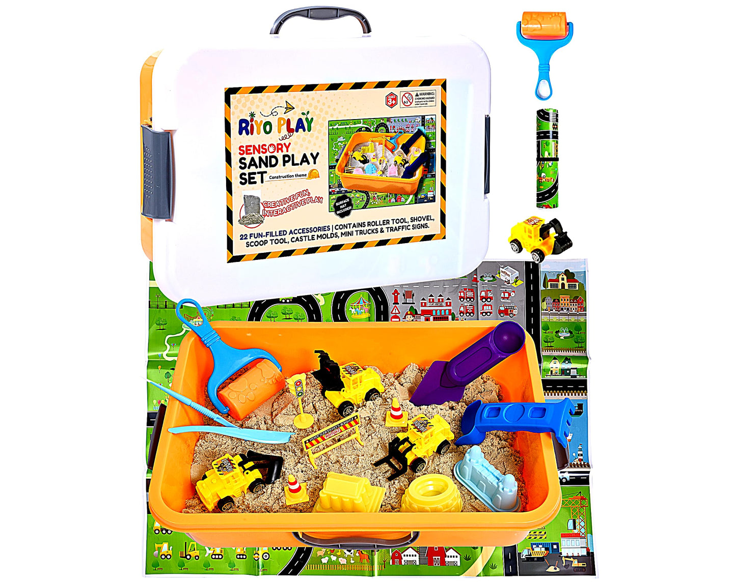 Riyo Play Construction Sensory Bin for Toddlers with 2-in-1 Play Mat & 2.8lbs Moldable Sand, Kids Sensory Bin with Lid & Handle, Toddler Sensory Kit Boys & Girls, Learning Activity, Gift Ages 3+