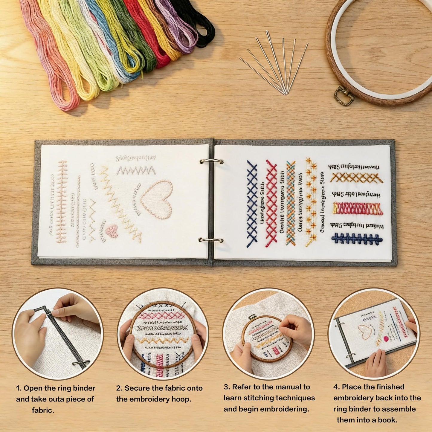 NFEHGXAE Beginner Embroidery Stitch Book Kit with Fabric Pages, 106 Stitches in Structured Learning Order for Adults, Complete DIY Sewing Kit with Patterns, Guide & Tools, Gift for Women