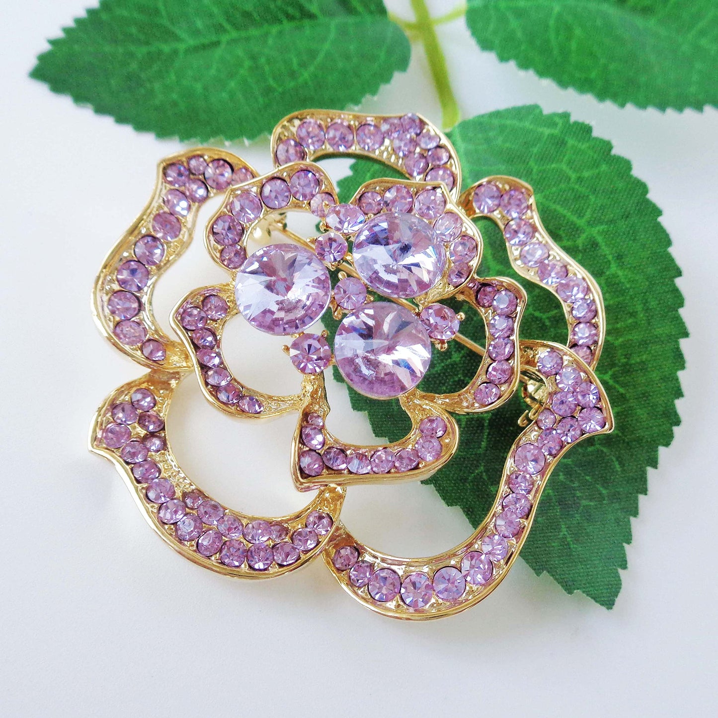 Navachi 18k Gold Plated Purple Crystal Blooming Rose Flower Az7439b Brooch pins