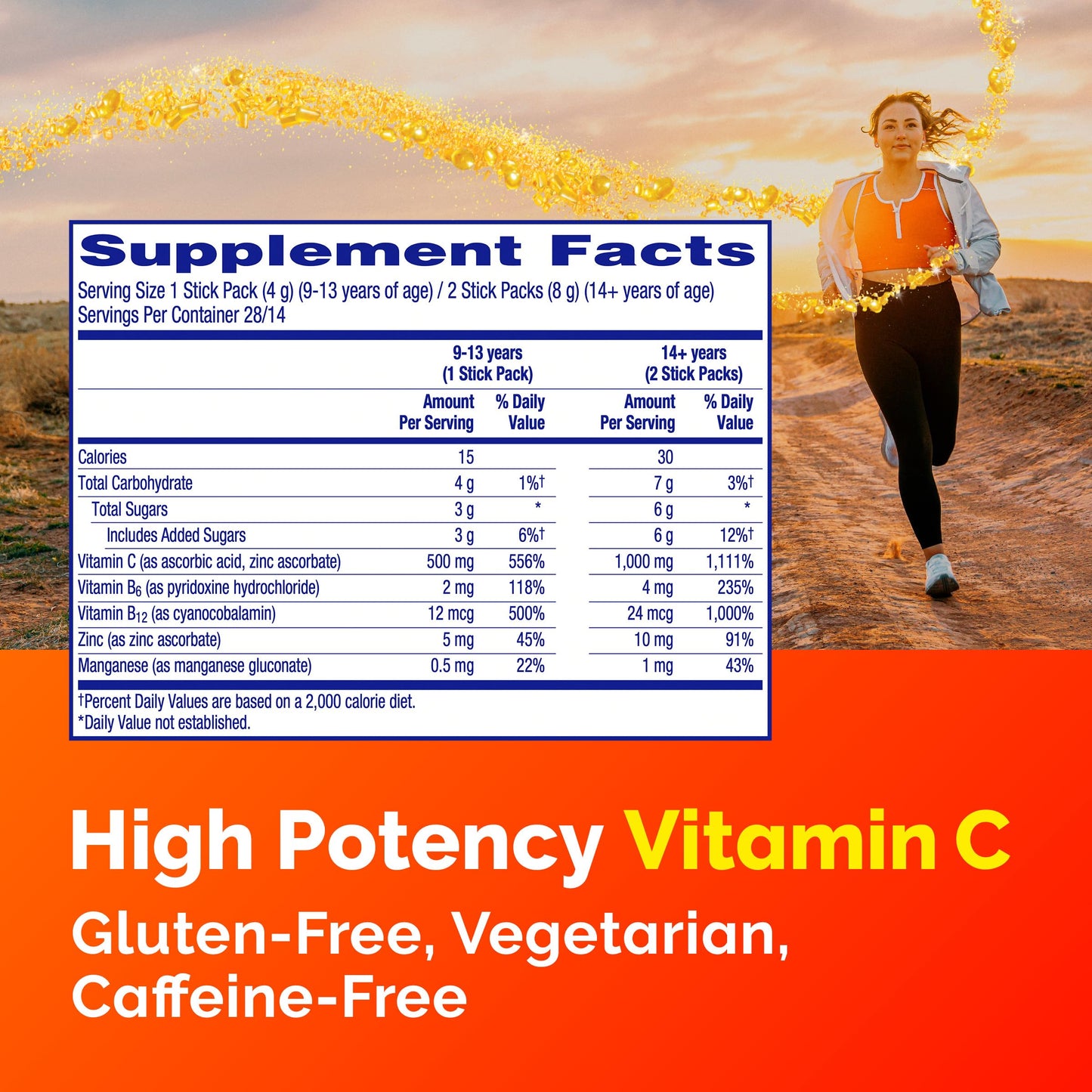 Emergen-C Crystals, On-the-Go Emergen-C Immune Support Supplement with Vitamin C, B Vitamins, Zinc and Manganese, Orange Vitality - 56 Stick Packs