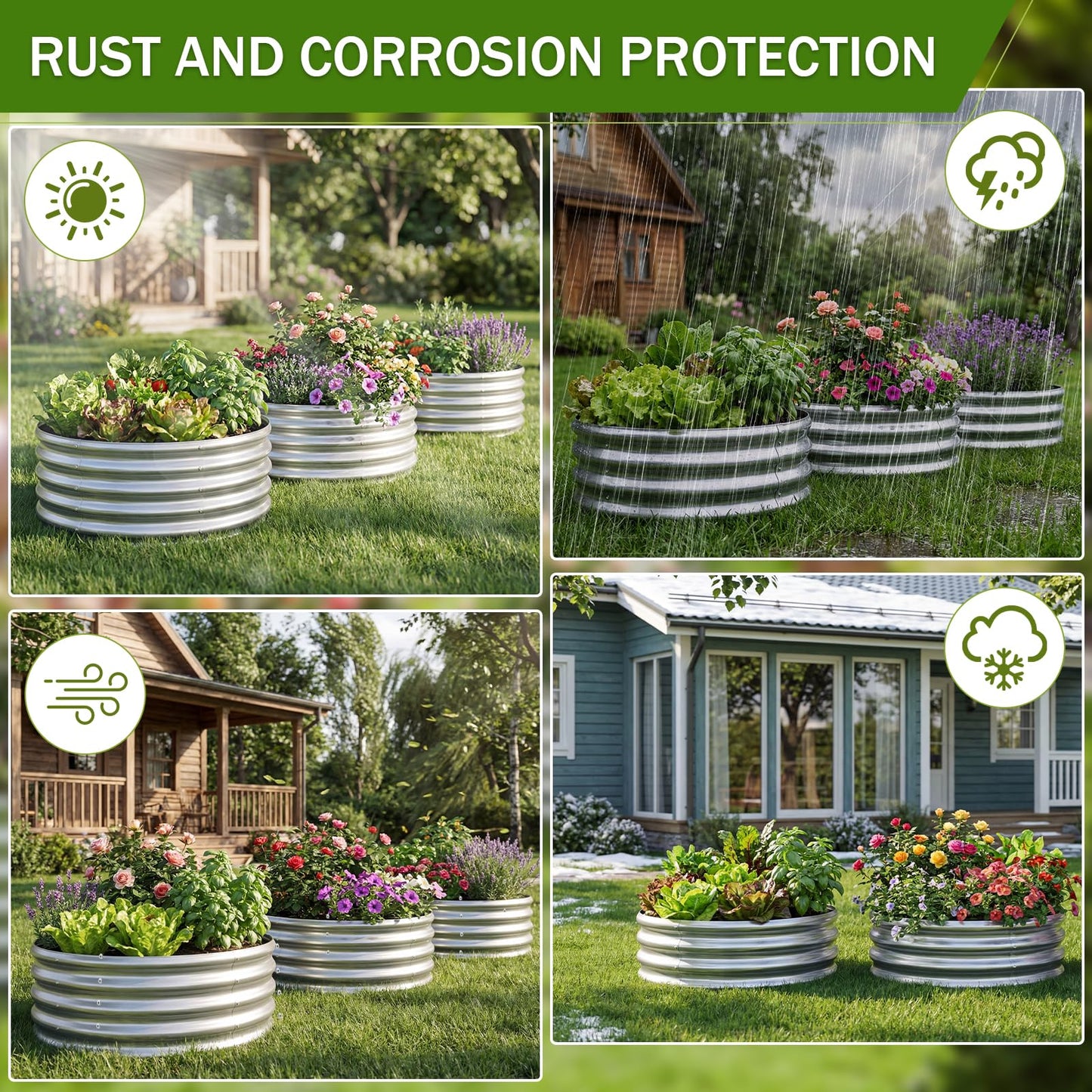 AHEONLAR 3PCS 2x2x2FT Galvanized Raised Garden Bed Kit Round Metal Flower Box Large Planter Raised Beds Outdoor Garden for Planting,Fruit,Herb Silver