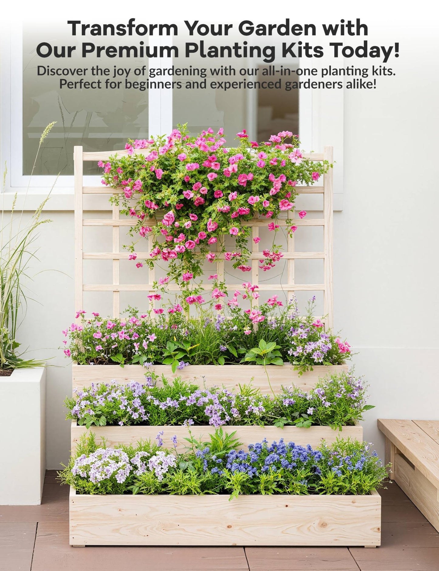 GarveeLife 3-Tier Raised Garden Bed,Wooden Vertical Planters with Trellis & Open-Ended Base for Climbing Plants Vines Flower Herb Vegetable Fruit,Outdoor Planter Boxes for Patio Yard Lawn
