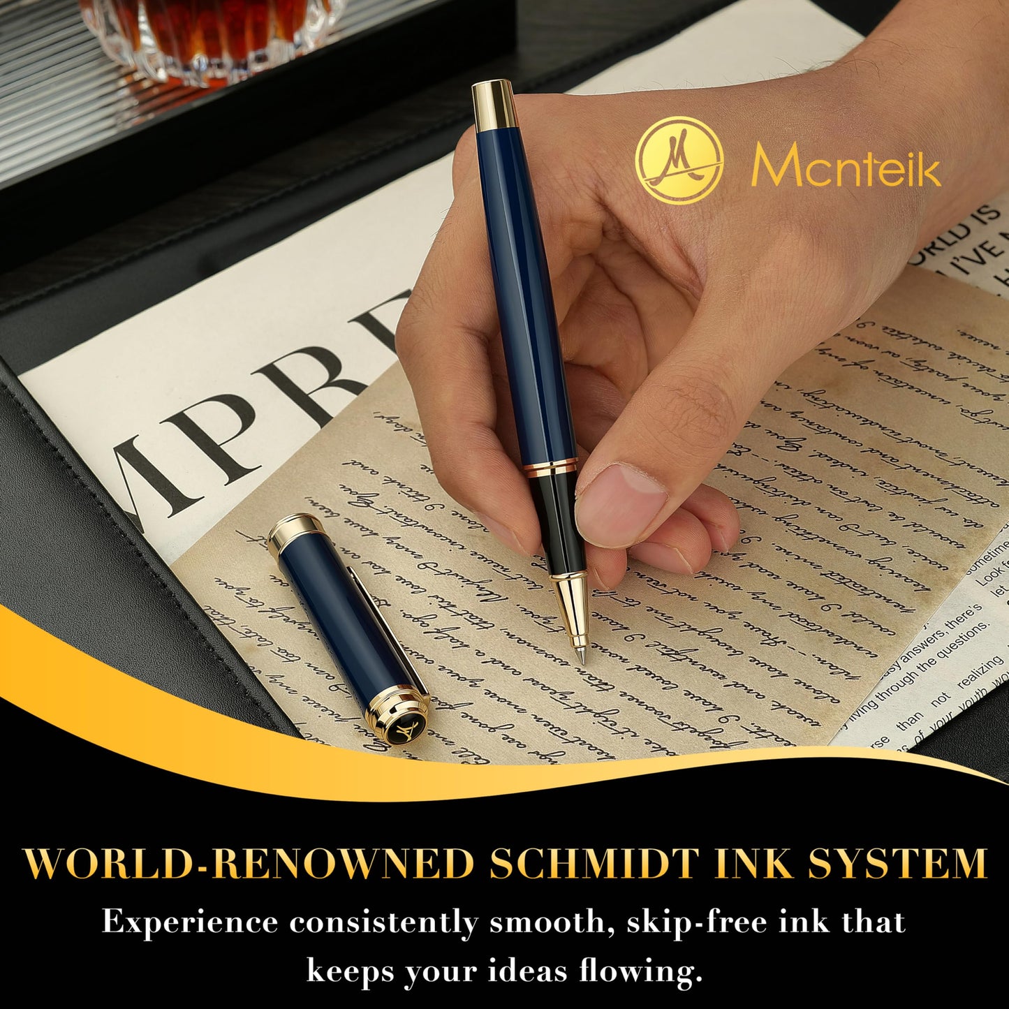 MCNTEIK 317 Rollerball - Stunning Luxury Blue Lacquer Pen with 24K Gold Finish, Schmidt Black Ink Refill, Fancy Gift Set for Men & Women, Professional, Graduation Executive Office, Nice Classic Pens