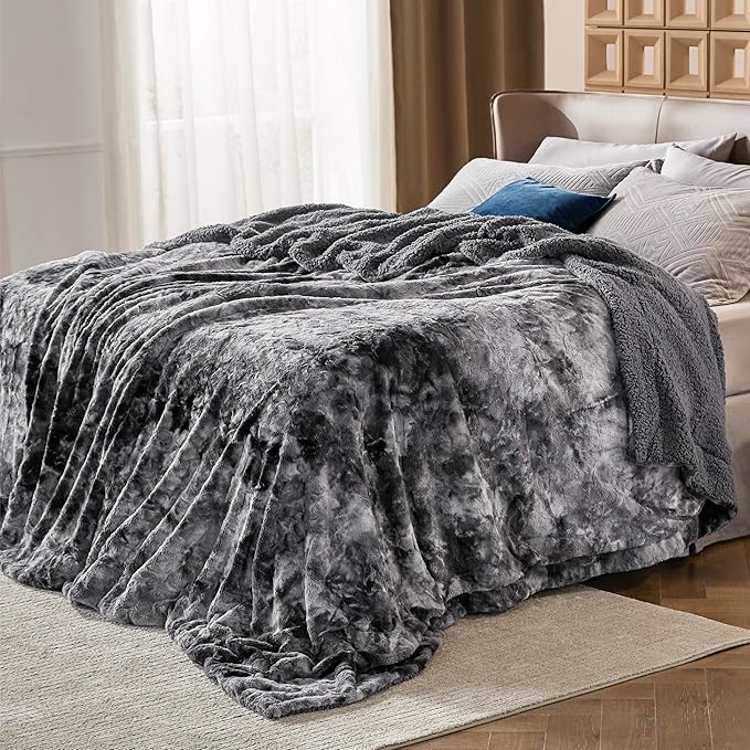 Bedsure Sherpa Blanket Queen Size - Soft, Fuzzy & Fluffy Faux Fur - Warm, Cozy Blanket for Couch, Sofa and Bed, Tie Dye Design, Grey, 90x90 Inches