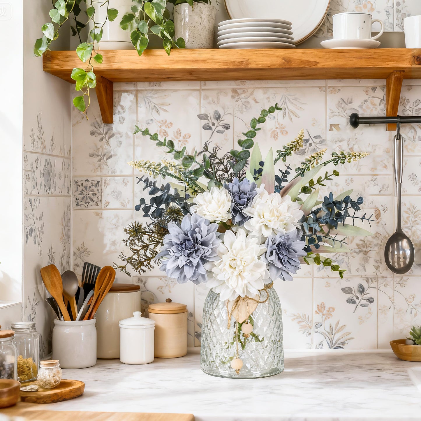 Der Rose Fake Flowers in Vase Silk Artificial Navy Blue Flowers Arrangements with Glass Vase for Dinning Coffee Table Centerpieces Home Kitchen Farmhouse Wedding Decor