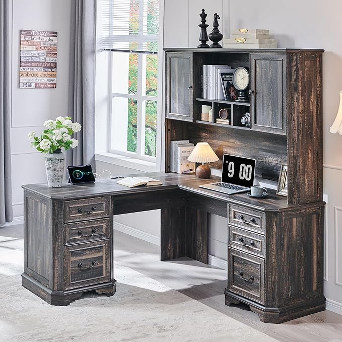 T4TREAM 59" Executive L Shaped Desk with Hutch,Victorian Wood Computer Desk, Featuring Charging Station,File Drawer, Storage Cabinet,for Home Office Work and Study (Dark Rustic Oak)