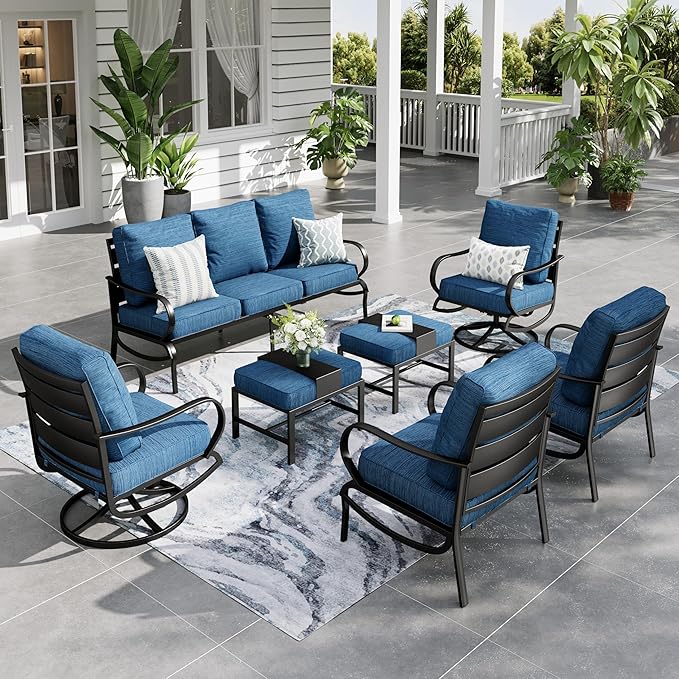 Sophia & William Patio Furniture Sets for 7 Outdoor Conversation Set 7 Pcs with 2 x Swivel Sofa Chairs, 2 x Armrest Chairs, 1 x 3-Seat Sofa, 2 x Ottomans Garden Backyard Poolside Peacock Blue