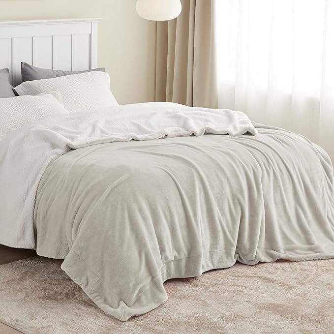 Bedsure Sherpa Fleece Blankets Queen Size for Bed - Thick and Warm, Soft Fuzzy Plush Queen Blanket for Winter, Linen, 90x90 Inches