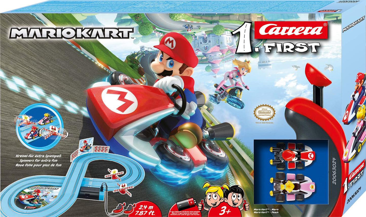 Carrera First Mario Kart - Slot Car Race Track with Spinners - Includes 2 Cars: Mario and Peach - Battery-Powered Beginner Racing Set for Kids Ages 3 Years and Up