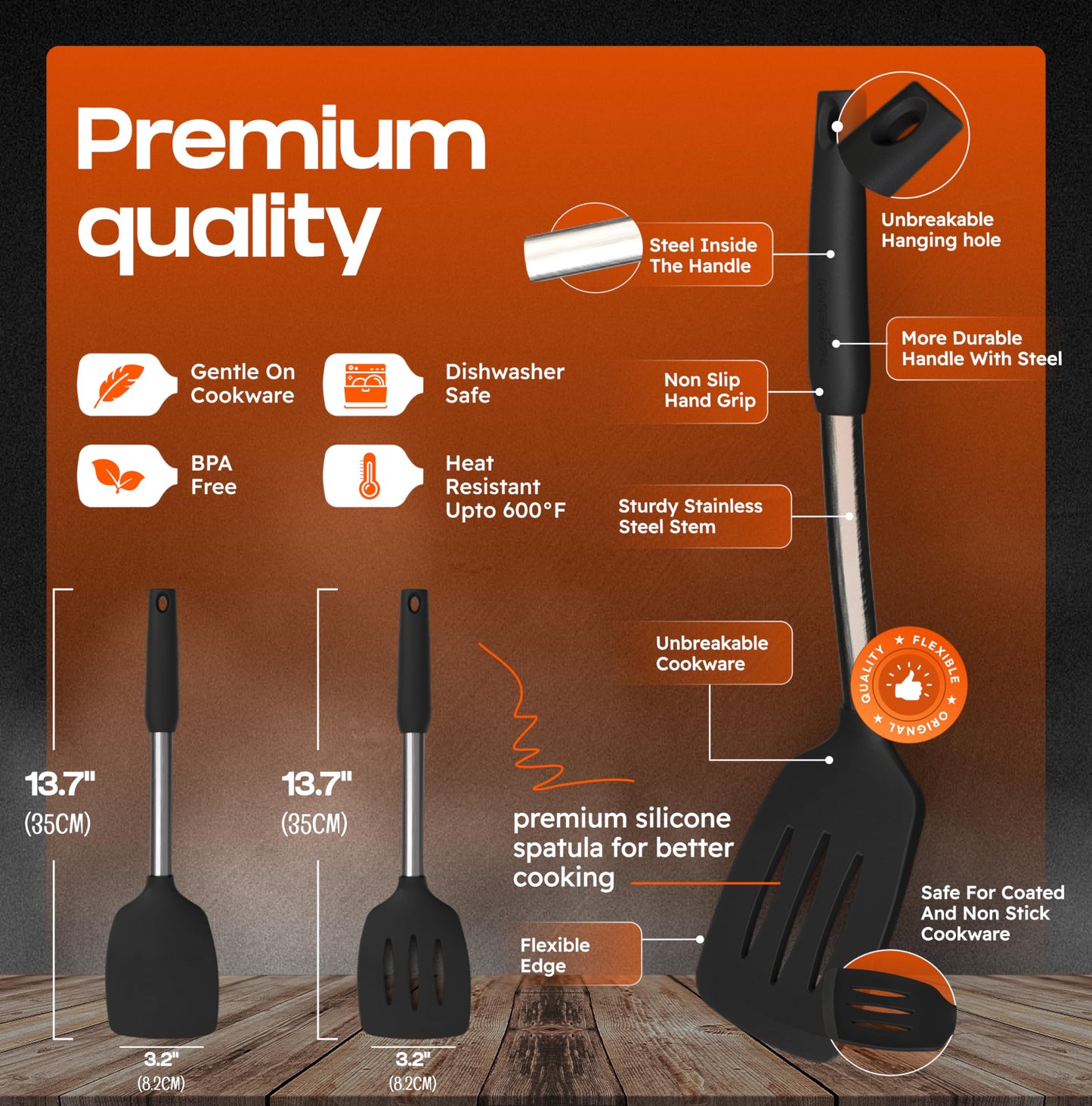 BakeRoyal Silicone Spatula Set - Turner Spatulas Silicone Heat Resistant 600°F - Slotted & Solid Spatula for Cooking Fish, Eggs, Pancakes Flipper – Spatulas for kitchen use – Black
