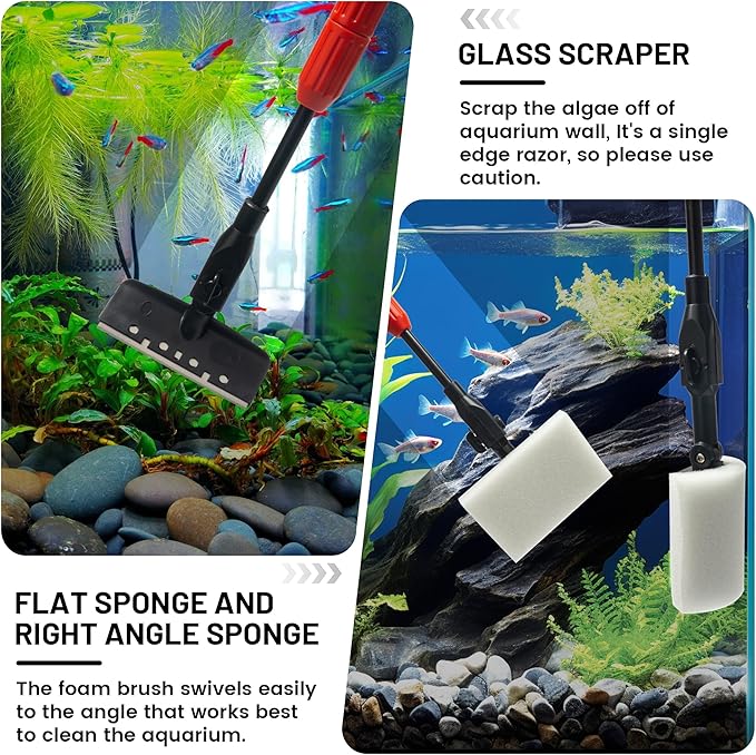 Amviner Aquarium Glass Cleaner, 7 in 1 Algae Remover for Fish Tank, Aquarium Cleaning Kit with Long Handle, Aquarium Net, Algae Scraper, Sponge Brush