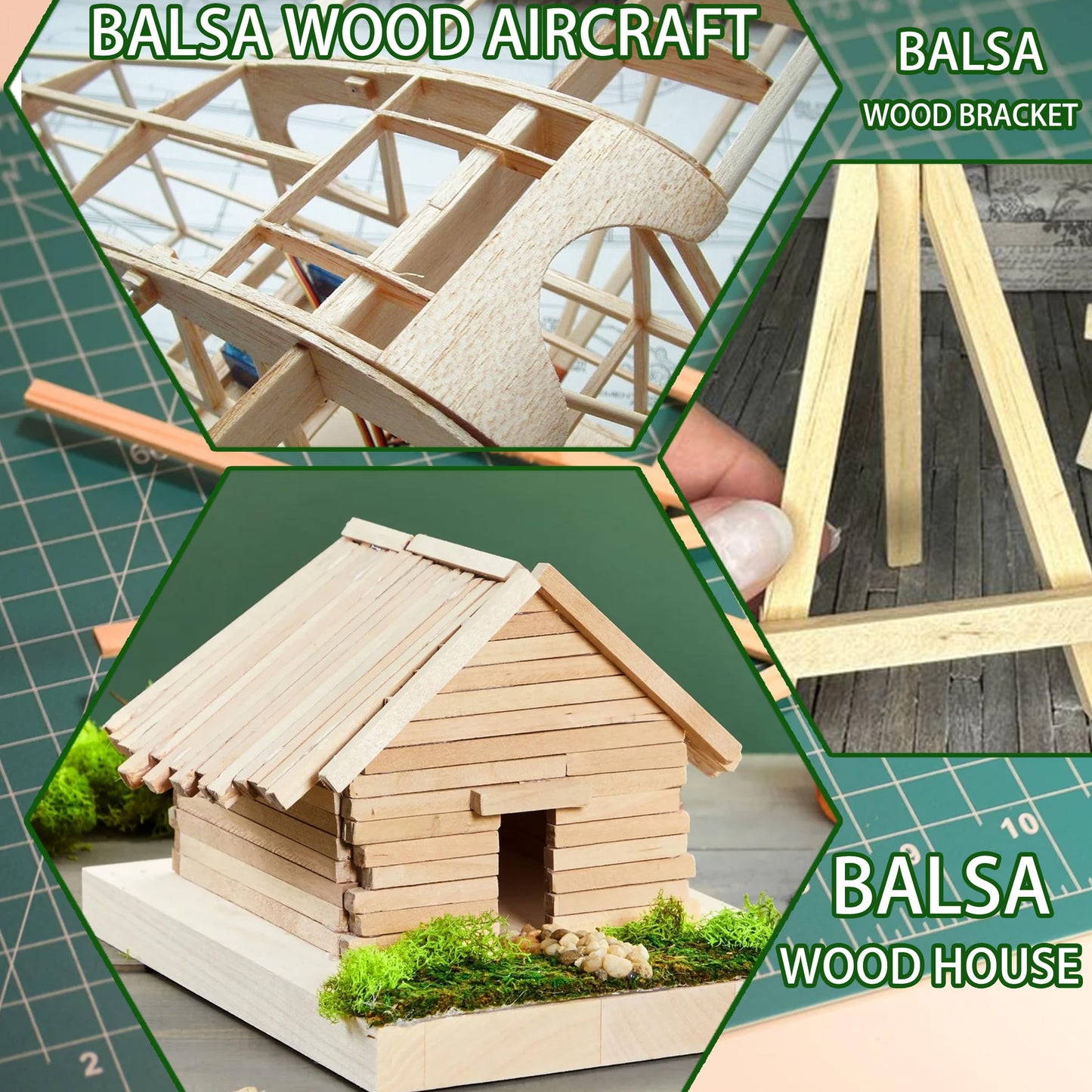 Barsha Space 222Pcs Balsa Wood Sticks,Wood Strips Balsa Square Wooden Dowels Hardwood Unfinished Wood Sticks for Crafts DIY Projects Models Making Supplies (1/8in+3/16in+1/4in 222pcs)