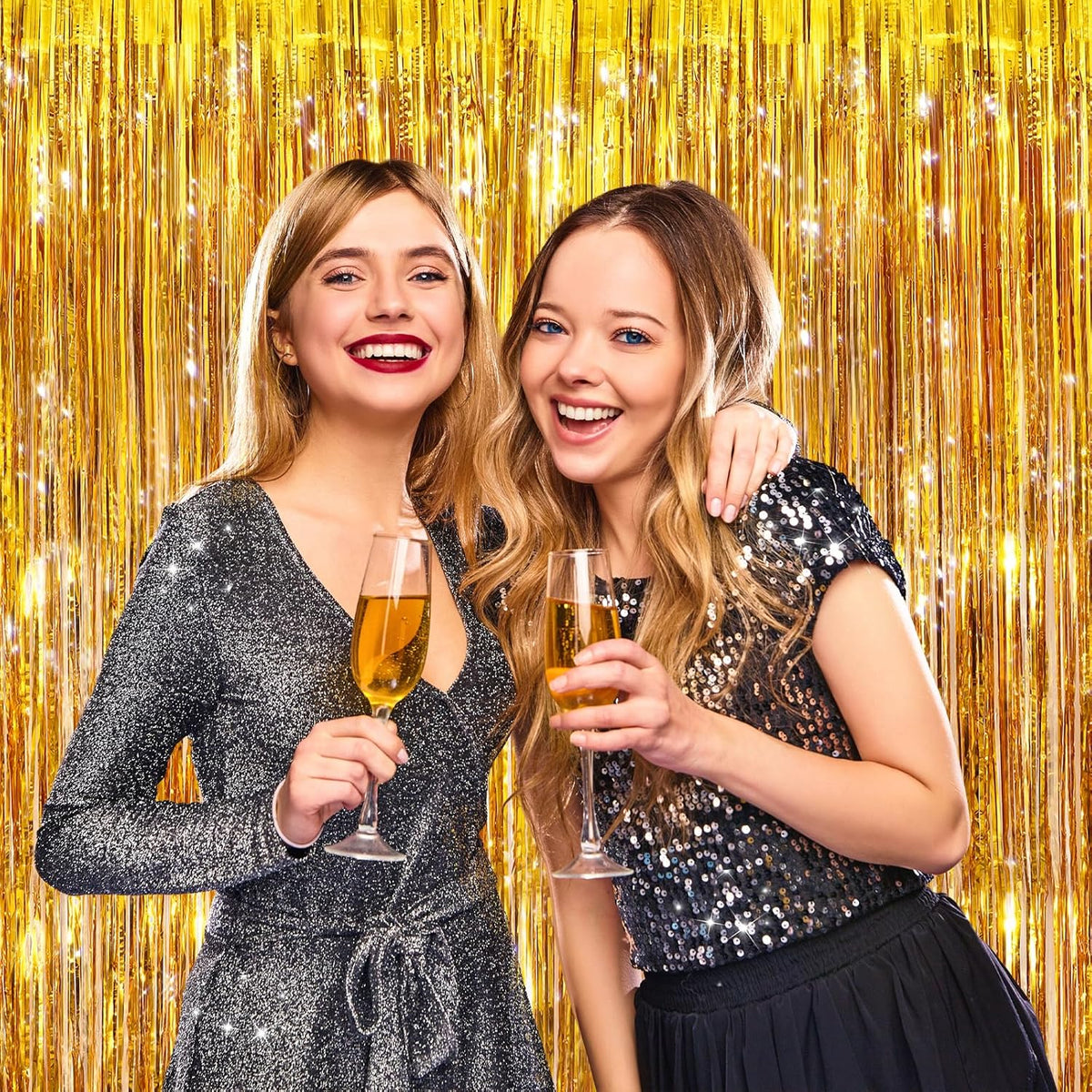 2 Pack Gold Metallic Tinsel Foil Fringe Curtains, Door Streamers Photo Booth Backdrop for Birthday Party, Tinsel Curtain Backdrop for Baby Shower Bachelorette Christmas Party Decorations